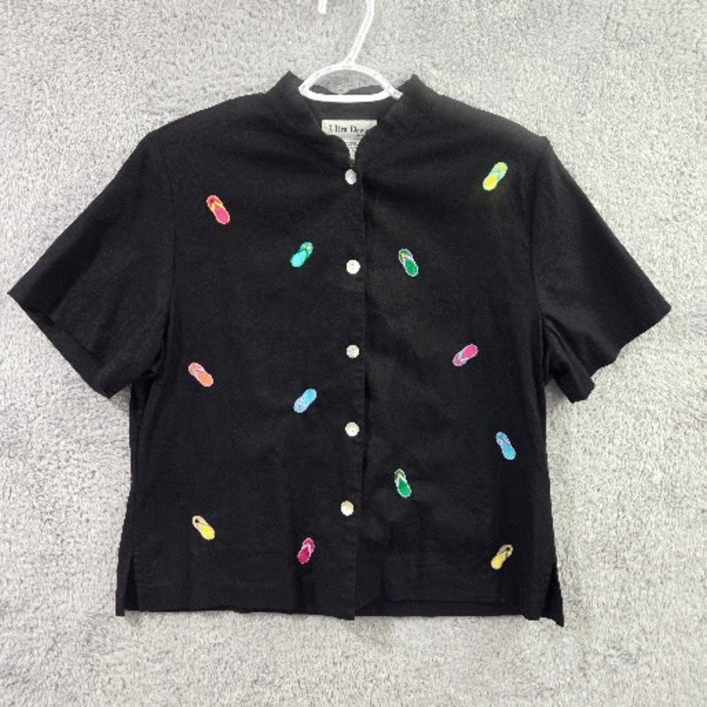 Ultra Dress NY Shirt Women's 14 Black Linen Rayon Flip Flop Embroidered 90s Vtg
